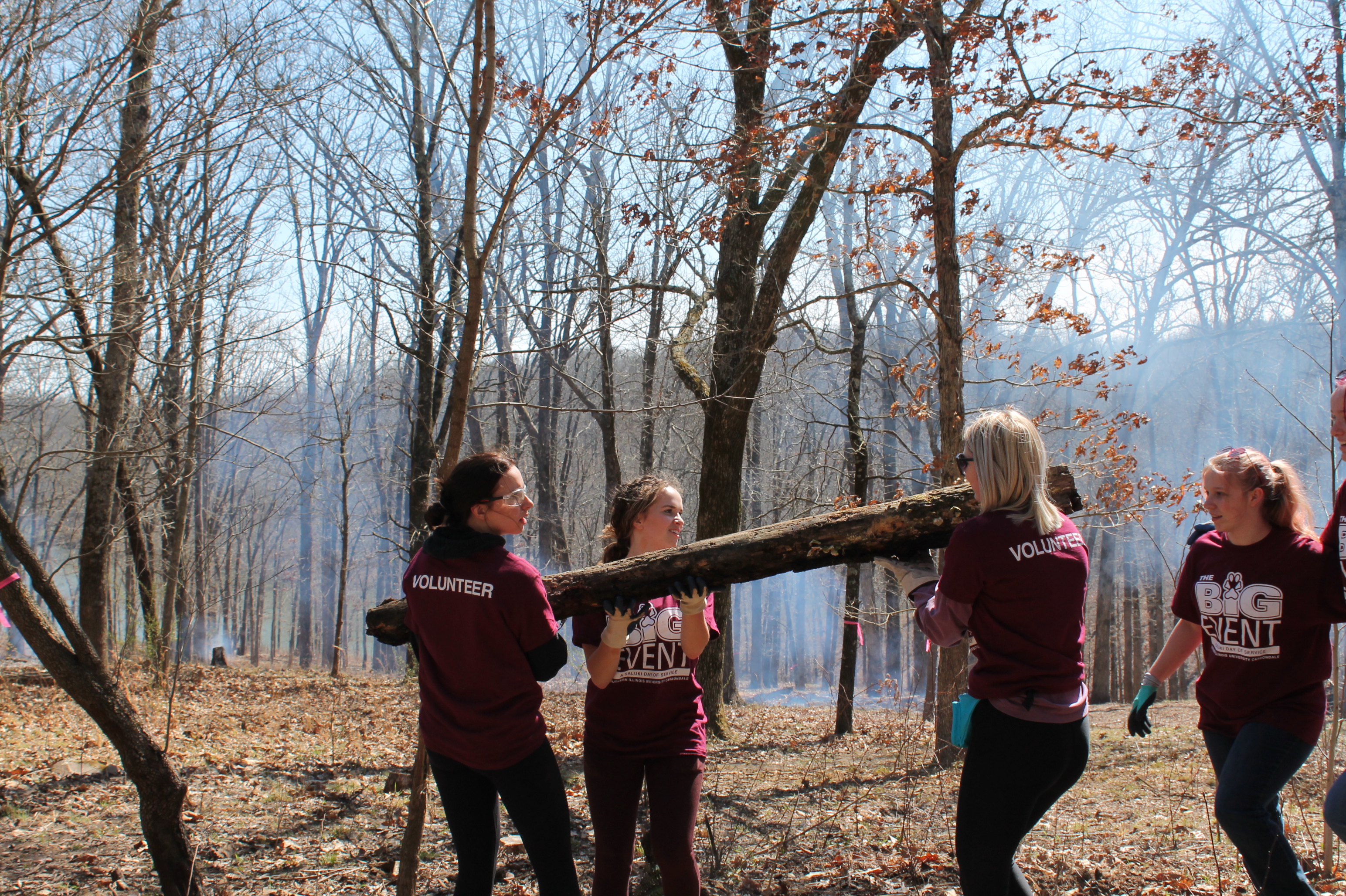 Photo of several volunteers lifting a log